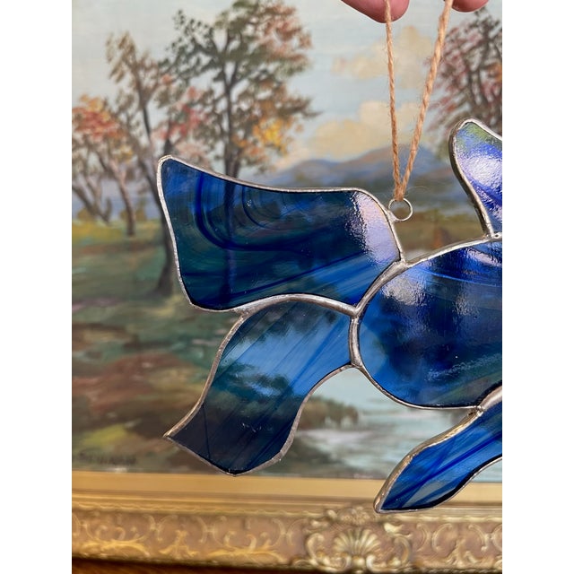 1970s Vintage Stained Glass Fish Suncatcher in Deep Cobalt Blue. For Sale - Image 5 of 10
