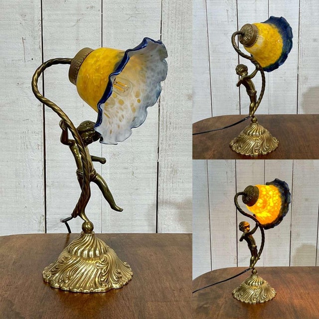 Bronze Lamp with Glass Paste Tulip Shade, 1970s For Sale - Image 9 of 11