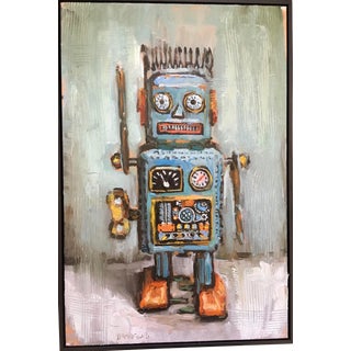 21st Century Bradford Solomon Oil on Canvas Vintage Curly the Robot Framed Contemporary Large Still Life Blue Red Yellow For Sale