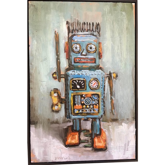 21st Century Bradford Solomon Oil on Canvas Vintage Curly the Robot Framed Contemporary Large Still Life Blue Red Yellow For Sale