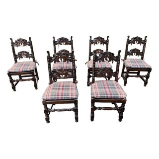 Set of 6 Antique Renaissance Gothic Style Oak Carved Dining Chairs For Sale