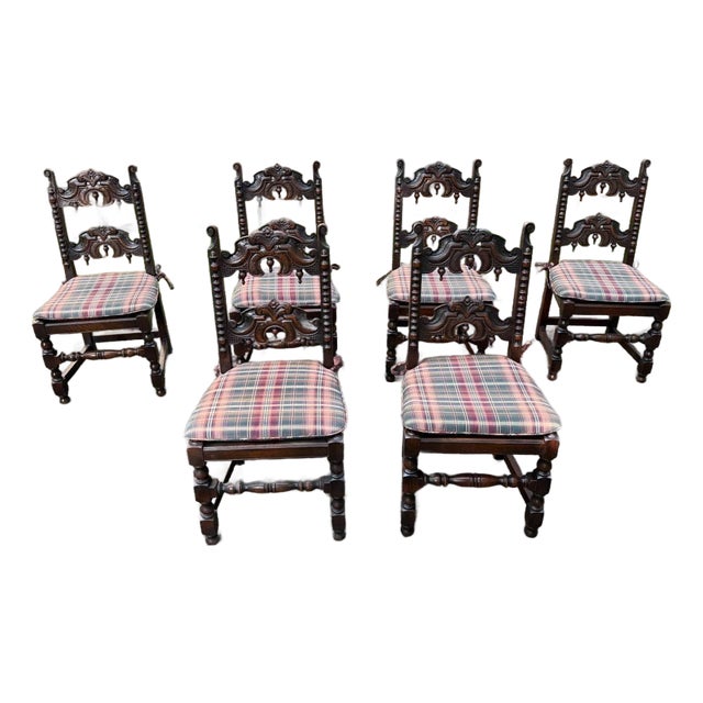 Set of 6 Antique Renaissance Gothic Style Oak Carved Dining Chairs For Sale