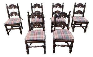 Set of 6 Antique Renaissance Gothic Style Oak Carved Dining Chairs