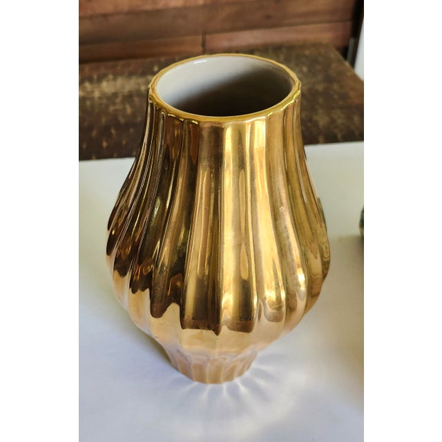 Modern Jonathan Adler Gold Belly Ribbed Pottery Vase For Sale - Image 3 of 6
