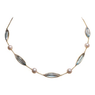 1990s Aquamarine and Pearl Necklace in 18k Gold For Sale