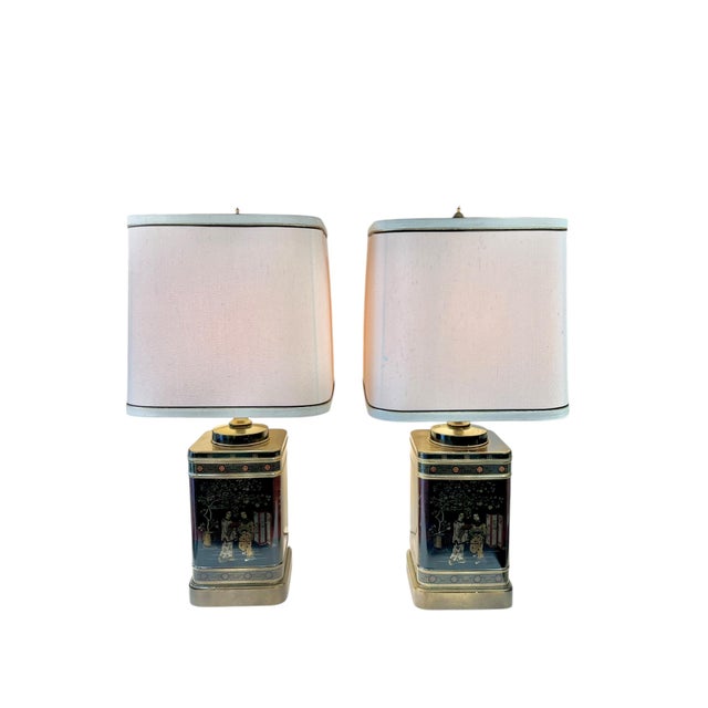 Matching pair of Frederick Cooper style tin tea caddy lamps with original shades. Vintage tea caddy tins converted into...