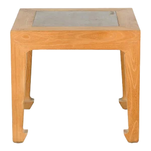 Vintage Chinese Bleached Elmwood Square Side Table with Stone Tile Inset Top
