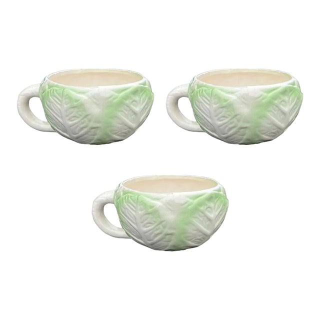 Cabbage Ware Green and Cream Coffee Cups or Soup Mugs - Set of 3 For Sale