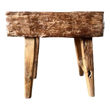 Small Organic Blond Asian Teak Quadripod Bench, Sepuluh For Sale