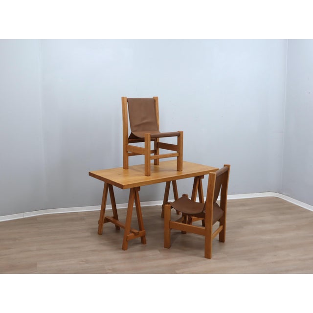 Trestle Beech Writing Desk with Leather Chairs, Italy, 1970s, Set of 3 For Sale - Image 17 of 17