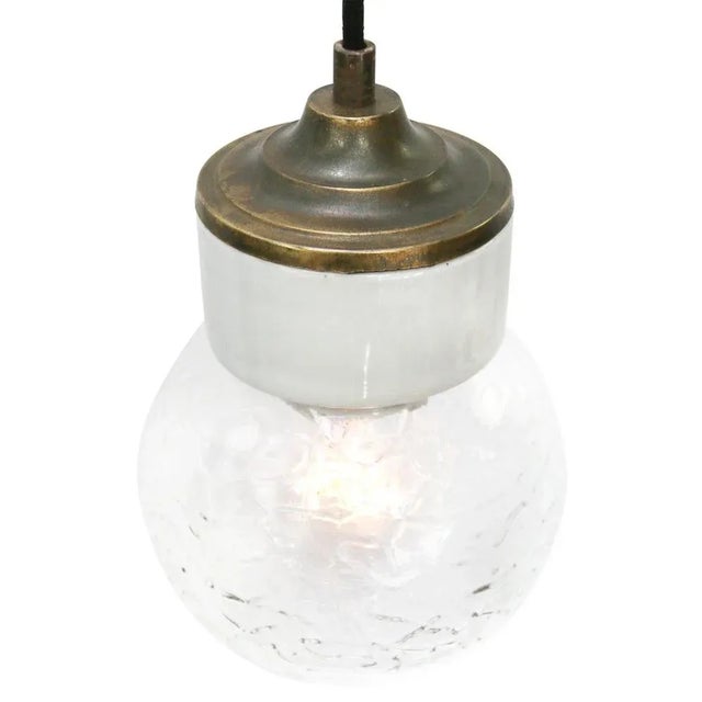 White Porcelain Clear Glass Vintage Industrial Brass Pendant Lights For Sale - Image 4 of 8