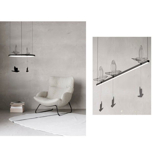 Minimalist Led Pendant Light Sculptural Geometric Art, Steel and Textile 59 In For Sale - Image 6 of 12