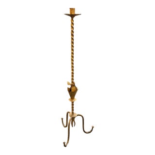 Mid 20th Century Spanish Wrought Iron Floor Candlestick W/ Gold Wash For Sale