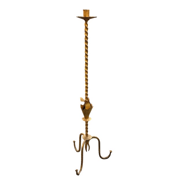 Mid 20th Century Spanish Wrought Iron Floor Candlestick W/ Gold Wash For Sale
