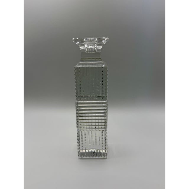 Art Deco Pair of Vintage Val Saint Lambert Belgian Crystal Candlesticks – Geometric Art Deco Style Clear Cut Crystal Candle Holders For Sale - Image 3 of 6
