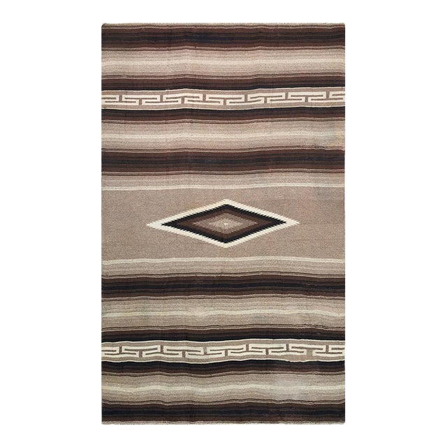 1930s Antique Brown Tribal Medallion Navajo American Geometric Flat Weave Rug For Sale