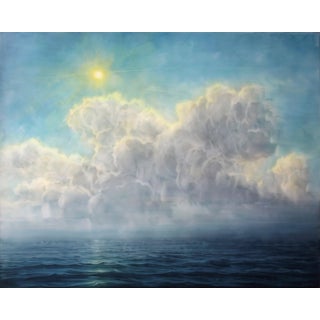Beyond by Brian Sostrom | Acrylic on panel Cloudy sky over a calm ocean with sunlight. For Sale