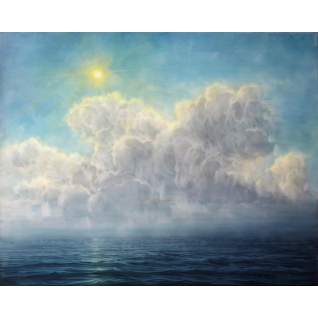 Beyond by Brian Sostrom | Acrylic on panel Cloudy sky over a calm ocean with sunlight. For Sale