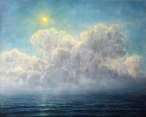 Beyond by Brian Sostrom | Acrylic on panel Cloudy sky over a calm ocean with sunlight.