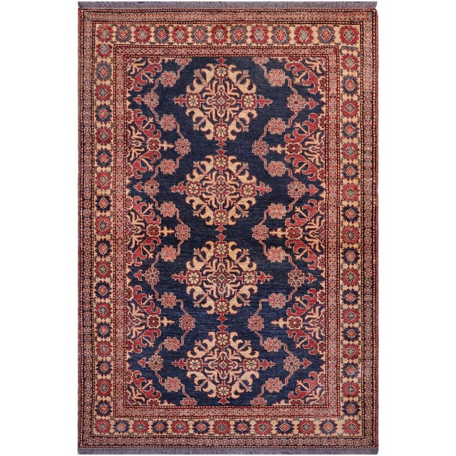 Southwestern Super Kazak Blue/Tan Wool Rug - 4'8'' X 6'1'' For Sale - Image 10 of 10