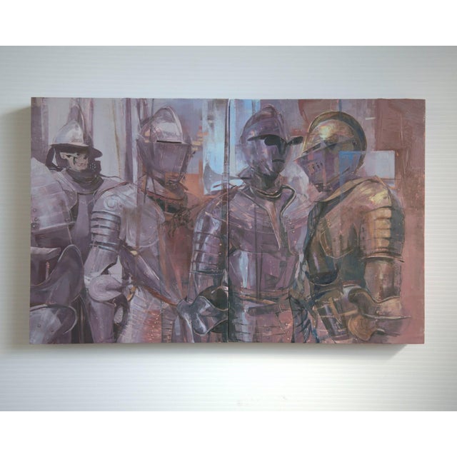 This diptych presents a striking assembly of armored figures, their metallic surfaces reflecting a blend of light and...