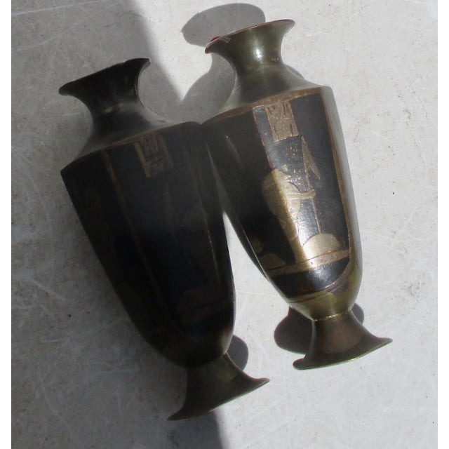 Black Antique Japanese Egyptian Revival Brass Vases - A Pair of 2 For Sale - Image 8 of 8