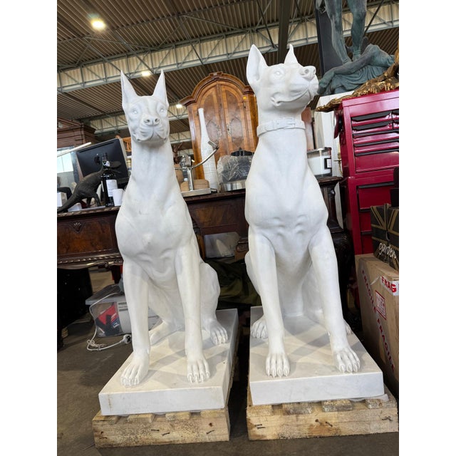 Monumental Hand-Carved White Marble Doberman Statues, Set of 2 For Sale - Image 5 of 5