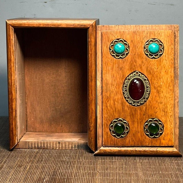 Vintage Rosewood & Gemstone Inlaid Treasure Box / Jewelry Organizer With Drawer For Sale - Image 9 of 9