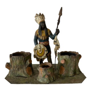 Antique Figural Native American Cold Painted Spelter Smoking Desk Set For Sale