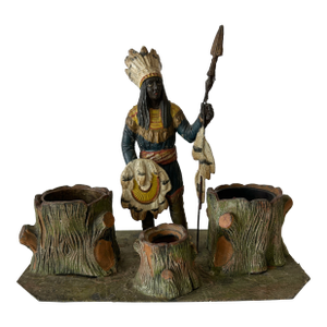 Antique Figural Native American Cold Painted Spelter Smoking Desk Set