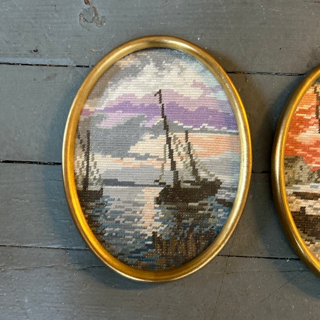Set of two original 1940’s nautical needlepoints with gold leaf frames. Each measure approximately 6.25x8.25. Check out my...