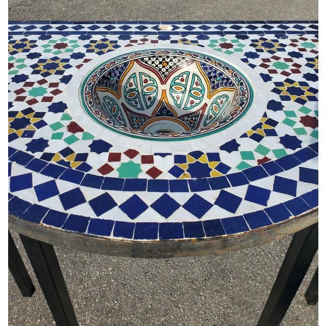 Blue Moroccan Mosaic Sink Tarsie Pattern + Wrought Iron Base / Multicolor For Sale - Image 8 of 10
