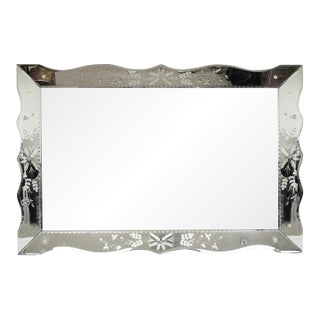 Vintage Venetian Art Deco Scalloped Edge Floral Etched Glass Large Wall Mirror For Sale