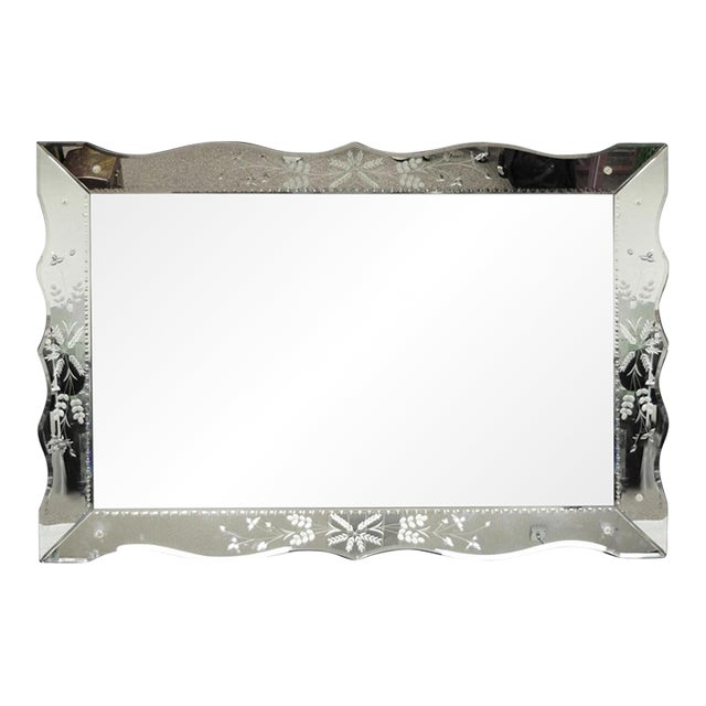 Vintage Venetian Art Deco Scalloped Edge Floral Etched Glass Large Wall Mirror For Sale