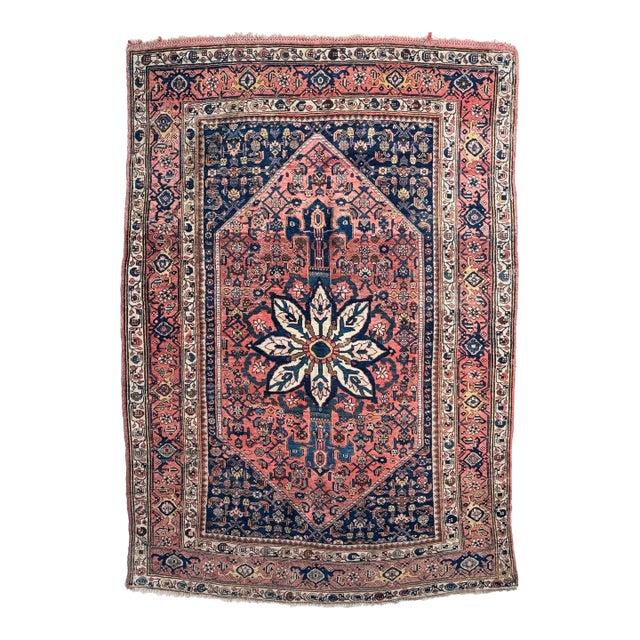 Village Halvai Bidjar With Blooming Medallion in Dusty Rose & Indigo Rug - 4.7 X 6.10 For Sale
