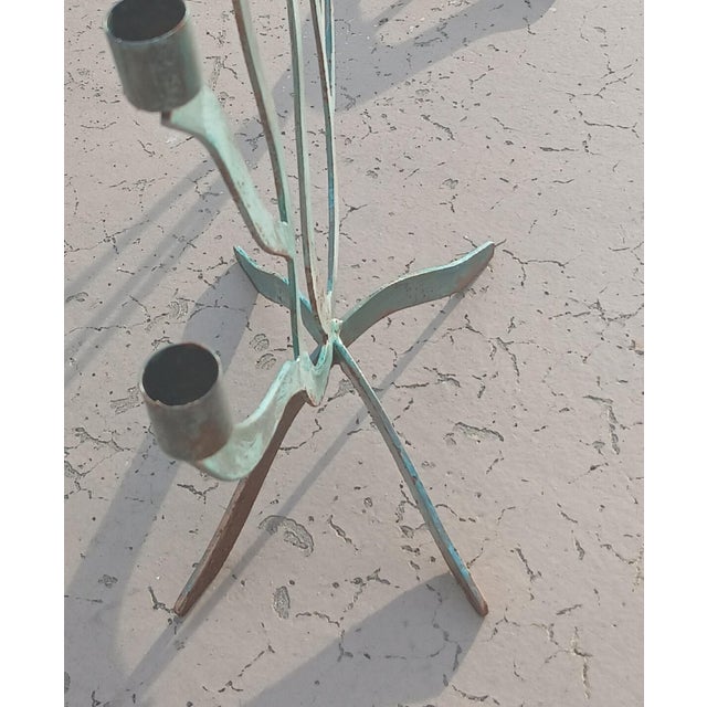 Metal Vintage 7 Arm Brutalist Candelabra Hand-Forged Iron and Copper With Verdigris For Sale - Image 7 of 14