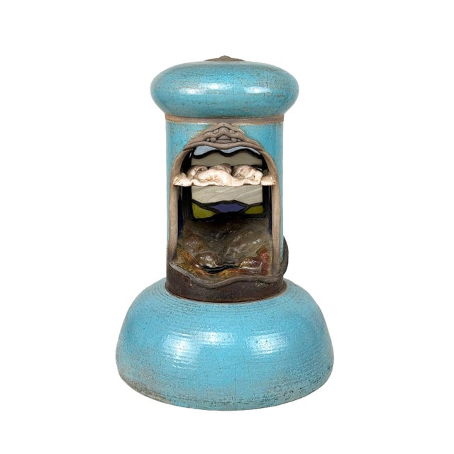Vintage Abstract Folk Signed Pottery & Stained Glass Window Shrine Sculpture For Sale