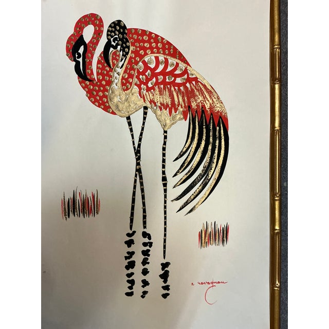 Mid-Century Modern Mid-Century Venetian Modern Framed Faux Bamboo Paintings Antonio Ravagnan Flamingos -S/2 For Sale - Image 3 of 7