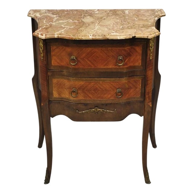 Antique French Louis XV Marquetry Inlay Marble Top Bombe Nightstand For Sale