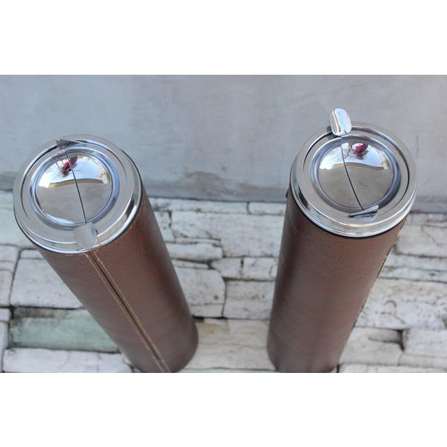 Set of Floor Ashtrays Brown Leather and Brass Mid Century Standing Portable Pair Mid-Century Modern Period Wear consistent...
