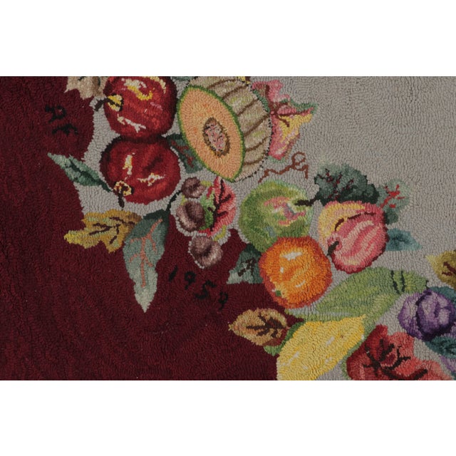 Rug & Kilim Antique Hooked Rug With Fruit Wreath on Burgundy Field & Vine Border - Rug & Kilim For Sale - Image 4 of 5