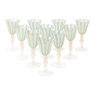 Set of 8 Hand-Blown Murano Latticino Blue & Chartreuse Wine Glasses W/ 24k Gold For Sale