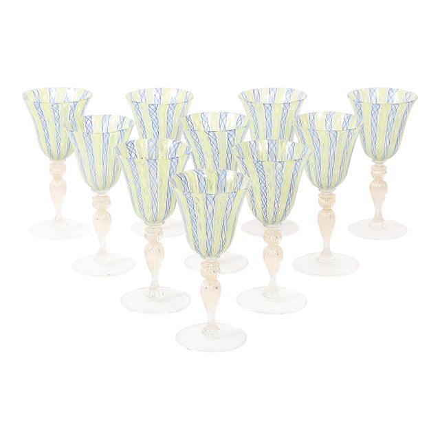 Set of 8 Hand-Blown Murano Latticino Blue & Chartreuse Wine Glasses W/ 24k Gold For Sale