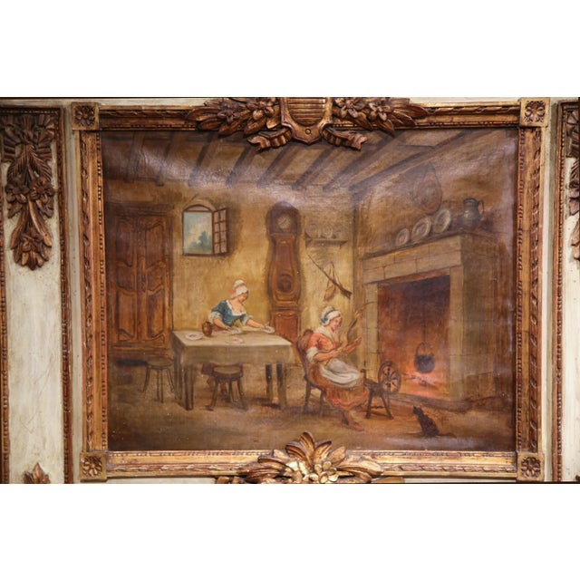 French 19th Century French Louis XVI Carved Painted and Gilt Wall Trumeau Mirror For Sale - Image 3 of 10