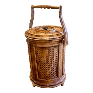 Mid 20th Century Mid Century Modern Faux Wood and Woven Rattan Insulated Ice Bucket For Sale