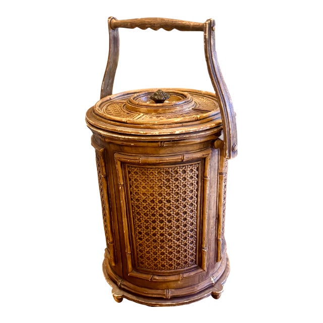 Mid 20th Century Mid Century Modern Faux Wood and Woven Rattan Insulated Ice Bucket For Sale