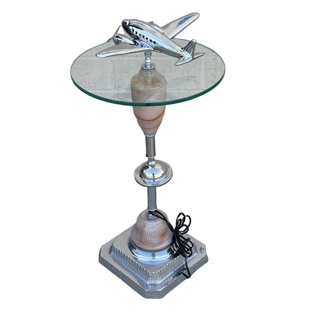 1930s 1930s Light Up Chrome Airplane Streamline Art Deco Drink Side Glass Top Table W/ Art Glass Base For Sale - Image 5 of 9
