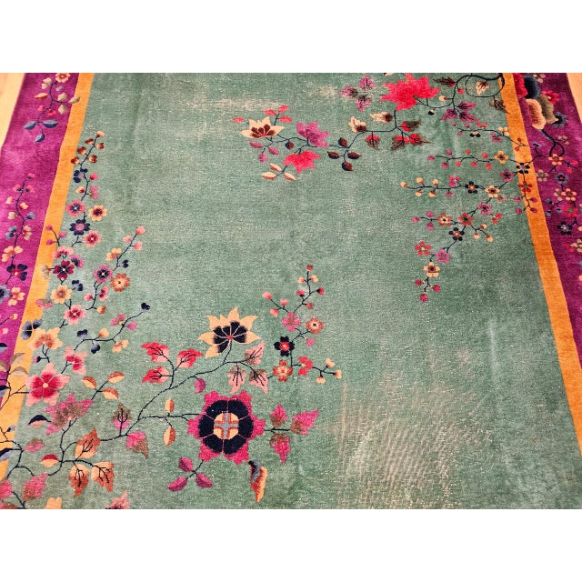 Vintage Art Deco Chinese Rug, Hand-Knotted Wool, Floral Motif, Turquoise & Purple, 9x12 For Sale - Image 13 of 18