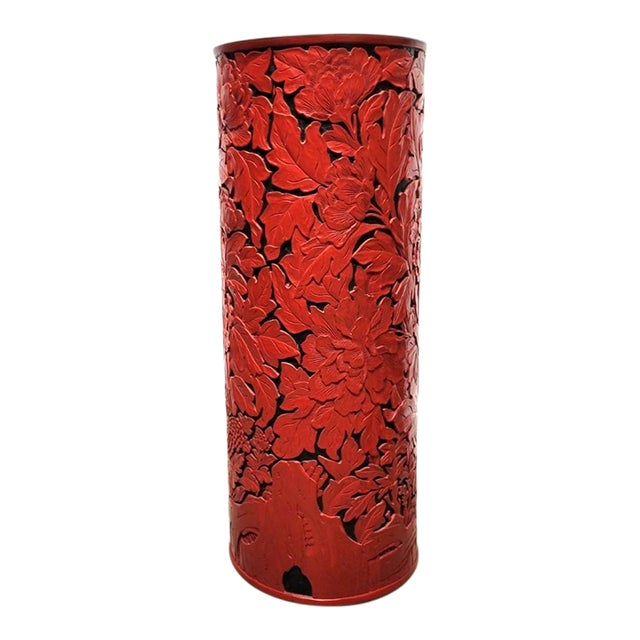Carved Red Cinnabar-Style Lacquer Floor Vase or Umbrella Stand, Beijing Factory For Sale