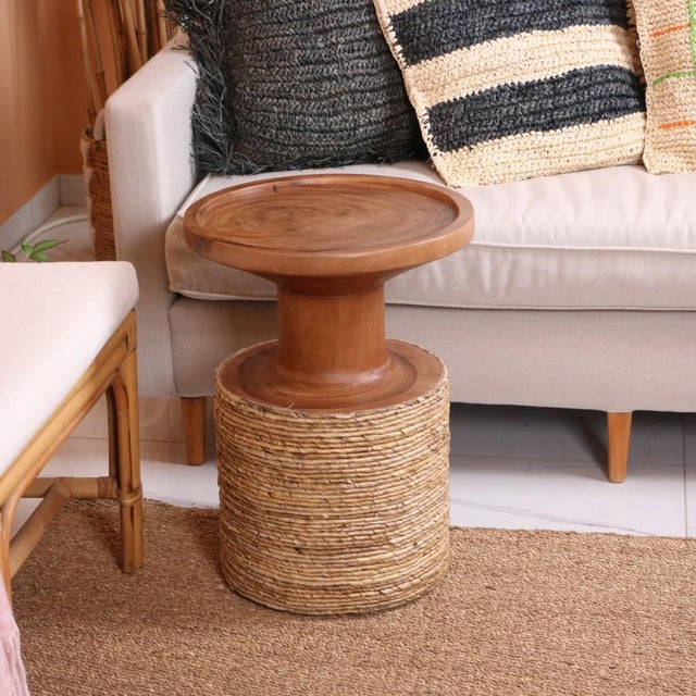 Hara Round Oak Wood Side Table For Sale - Image 6 of 10